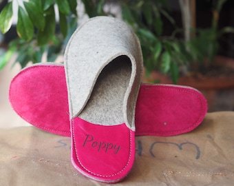 Personalized light weight wool felt slippers, hand made personalised slippers, cosy slippers, Mother's Day, custom monogrammed slippers.
