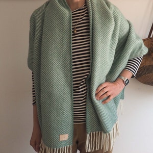 Personalized green herringbone pure wool blanket scarf, cosy wrap gift for her, cosy gift, warm scarf image 2