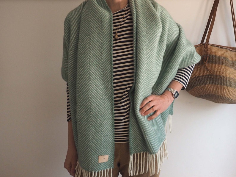 Personalized green herringbone pure wool blanket scarf, cosy wrap gift for her, cosy gift, warm scarf image 2