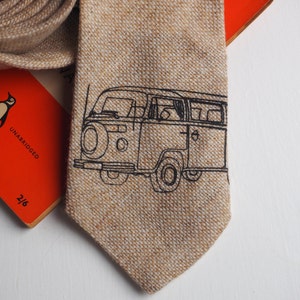 Campervan tie hand printed on sand coloured tweed, campervan gift, t2 campervan, Father's day gift image 3