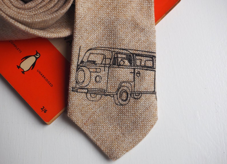 Campervan tie hand printed on sand coloured tweed, campervan gift, t2 campervan, Father's day gift image 3