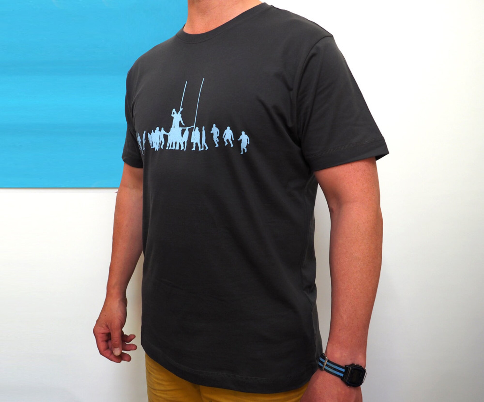 Discover light blue rugby lineout print out on grey Rugby t-shirt