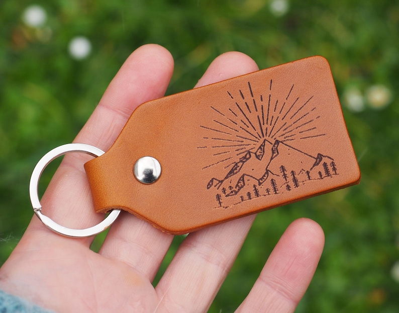 Personalized great outdoors camping leather key fob, leather gift, camping gift, gift for him, trees and mountains image 1