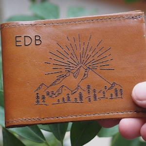 Porte-cartes de camping personnalisé en cuir véritable fait main, cadeau de camping, portefeuille mince, porte-cartes en cuir, cadeau porte-cartes