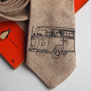 Campervan tie hand printed on sand coloured tweed, campervan gift, t2 campervan, Father's day gift image 2