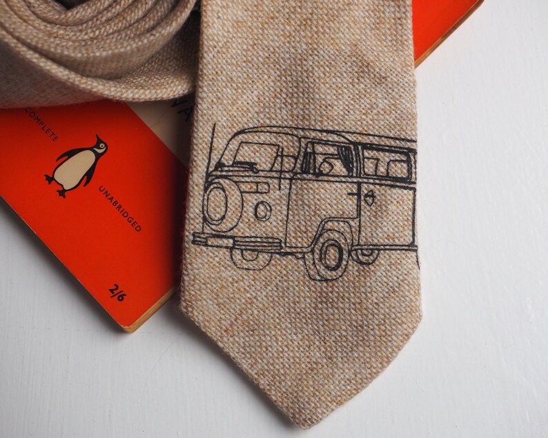 Campervan tie hand printed on sand coloured tweed, campervan gift, t2 campervan, Father's day gift image 2