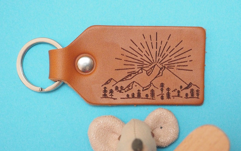 Personalized great outdoors camping leather key fob, leather gift, camping gift, gift for him, trees and mountains image 2