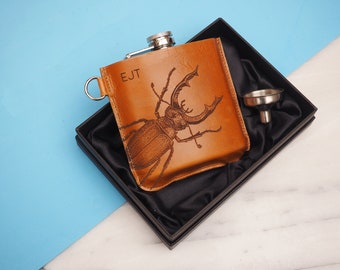 Stag Beetle Personalised Leather Hip Flask, Hipflask, Hip flask leather, Personalised Hip Flask, Hip flask gift set, Christmas hip flask