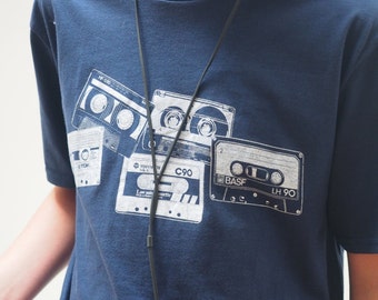 Retro Cassette tape print T shirt in blue and white, retro tech t shirt,  retro t shirt, music tapes gift, 80s music, Father's day