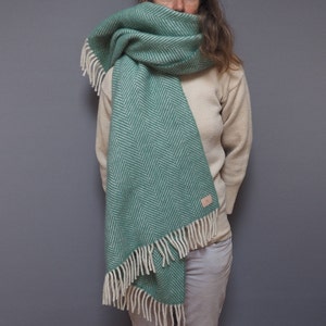 Personalized green herringbone pure wool blanket scarf, cosy wrap gift for her, cosy gift, warm scarf Green