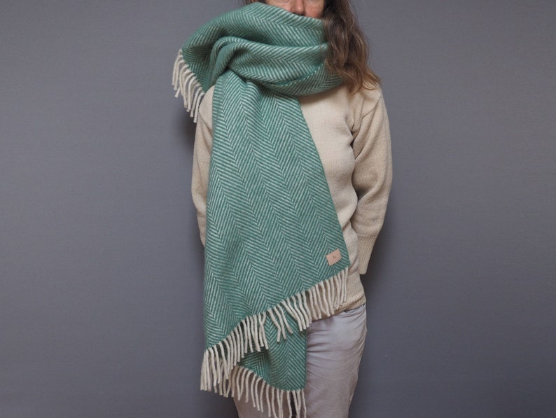 Personalized green herringbone pure wool blanket scarf, cosy wrap gift for her, cosy gift, warm scarf Green