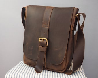 Mens Leather Buckle Bag, brown leather manbag, leather satchel bag, man satchel, man leather bag, Father's day mens leather bag