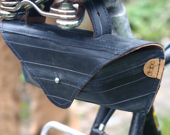 Up-cycled / recycled bicycle saddle bag, includes tools, made from bicycle inner tubes