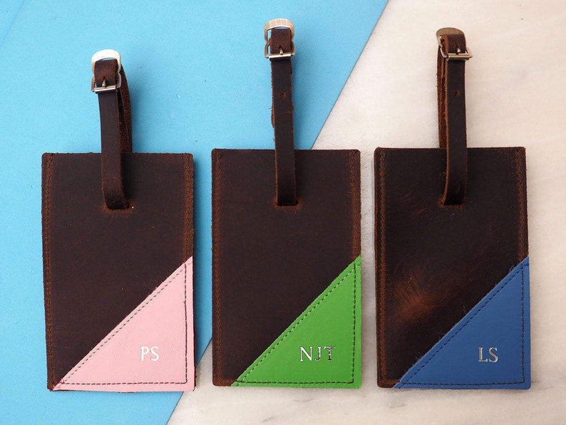 Personalised initials leather luggage tag, modern geometric travel gift, leather gift, gift for him, Christmas luggage tag gift image 1