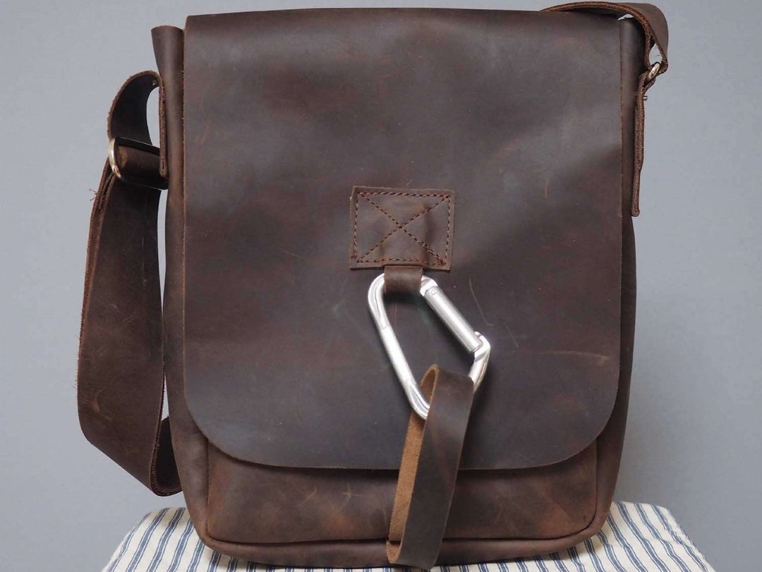 Mens Crazy Horse Leather Bag With Karabiner Fastening, Brown Leather