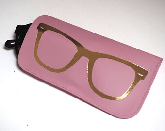 Pink and gold leather sunglasses case, pink and gold, glasses print sunglasses case, sunglasses pouch, leather sunglass case, gift for her