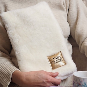 Handmade sheepskin hot water bottle cover with your handwriting, personalised hot water bottle, shearling gift, Mothers day hotwater bottle