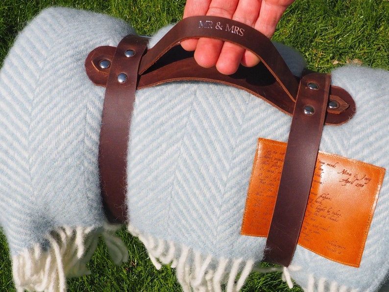 Personalised Leather Picnic Blanket Strap, Third Wedding Anniversary Gift, Picnic blanket carrier, useful Christmas storage gift image 1