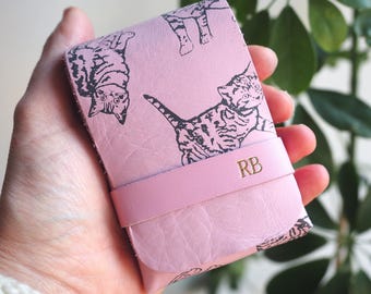 Personalized Pink Leather Playing Card Case: Handmade Kitten Christmas Gift