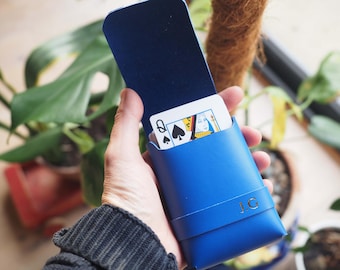 Personalized Blue Leather Playing Card Case, Handmade Gift
