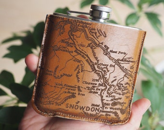 Personalised Tan hip flask map of snowdon in a gift box,  OS map Snowdonia, personalised hip flask map gift