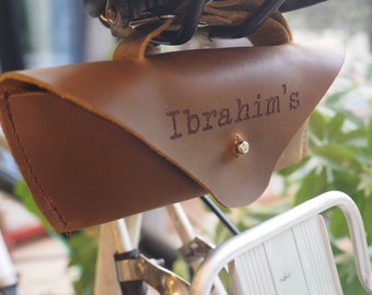 Personalized leather bike saddle bag with tools and puncture repair kit, bike gift, cycling gift, cycling tools gift, father's Day