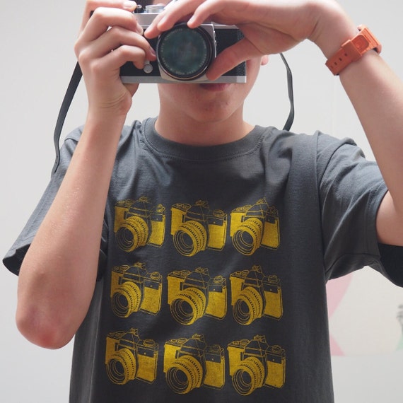 Retro SLR Camera T-Shirt: Yellow Camera Print on Charcoal Grey