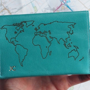 Personalised World Map Leather Passport Holder, Passport cover case, Travel Gift, geography map, Personalised travel gift, Father's day Turquoise blue