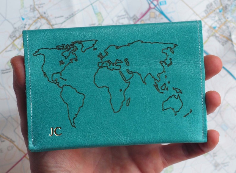 Personalised World Map Leather Passport Holder, Passport cover case, Travel Gift, Gold initials, geography map, Personalised travel gift Turquoise blue