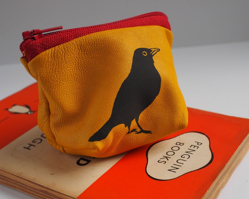 Small Blackbird Purse, handmade from a soft yellow leather, leather gift, gift for her, coin pouch, coin wallet, mom gift, grandma gift image 2