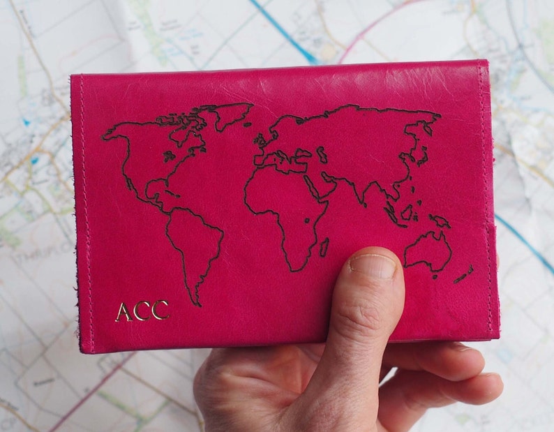 Personalised World Map Leather Passport Holder, Passport cover case, Travel Gift, geography map, Personalised travel gift, Father's day Pink