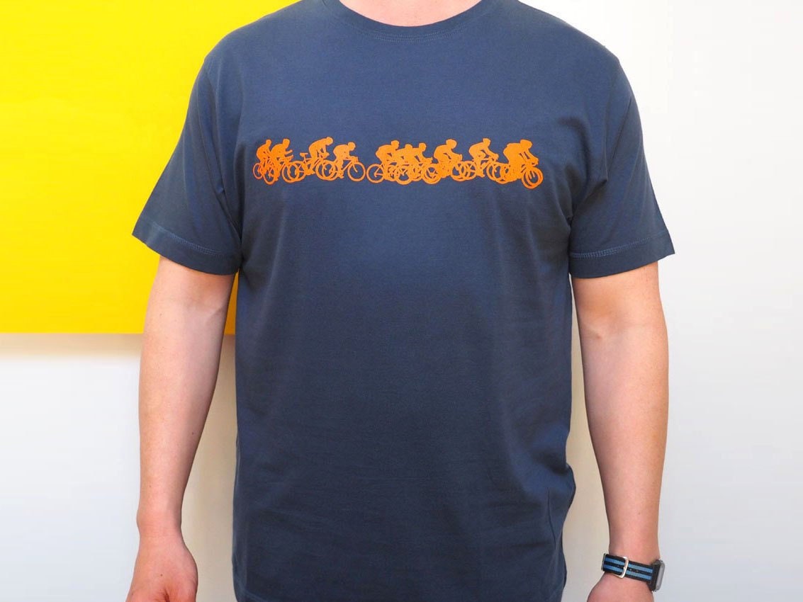 Image of Bike Race T Shirt in Blue & Orange. Great Tour De France Gift