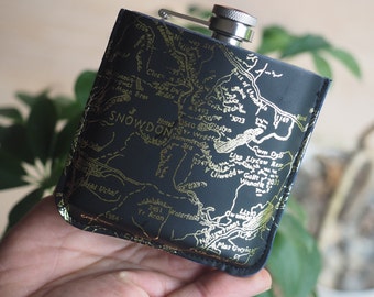 Personalised black and gold hip flask map of snowdon in a gift box,  OS map Snowdonia, personalised hip flask map gift