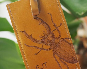 Personalized Leather Stag Beetle Luggage Tag: Travel Gift