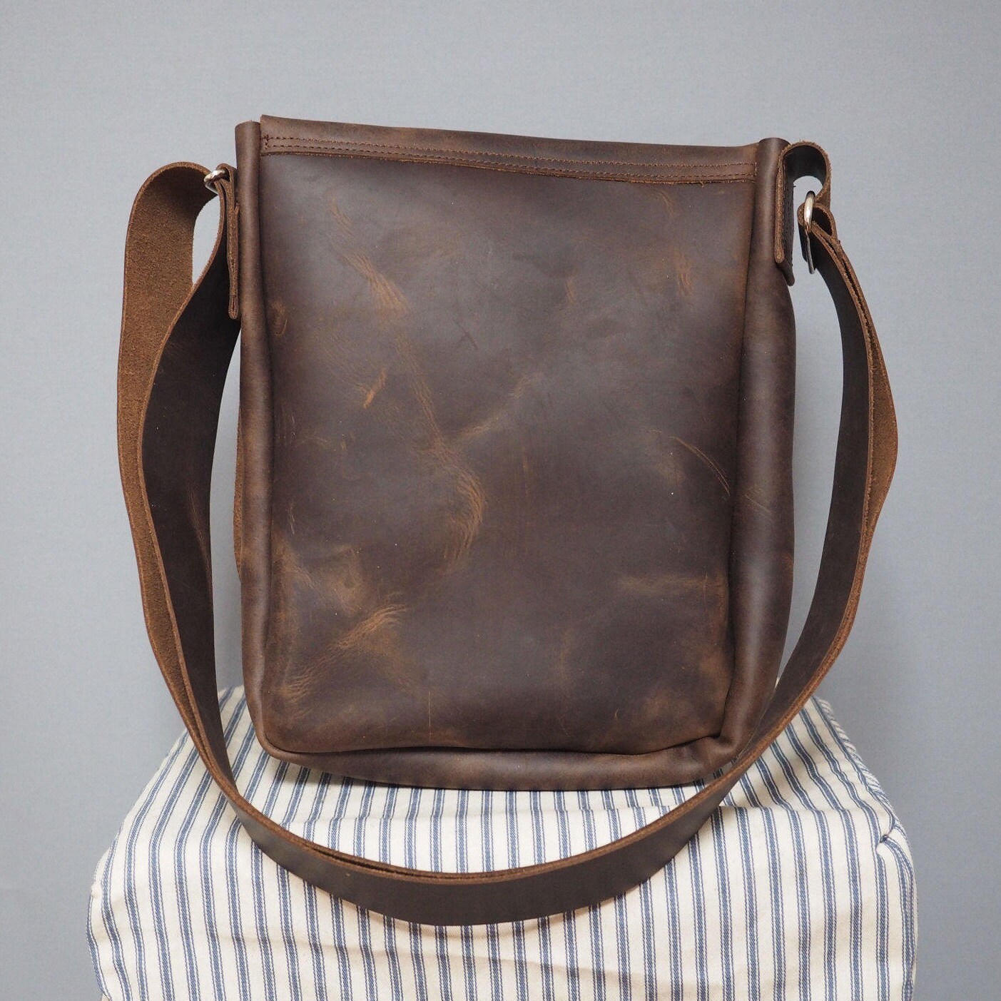 Mens Crazy Horse Leather Bag With Carabiner Fastening Brown Etsy