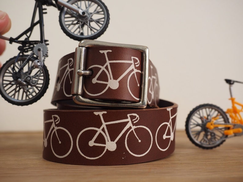 Brown Leather Belt printed with Bikes, bike gift, cycling gift, bicycle gift, Christmas for cyclists image 1