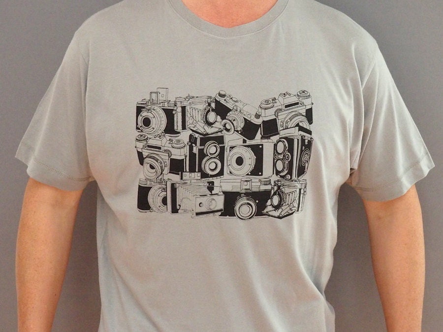 Image of Vintage Slr Camera Print Tshirt, Light Grey With Black Print. Great Gift For A Photographer