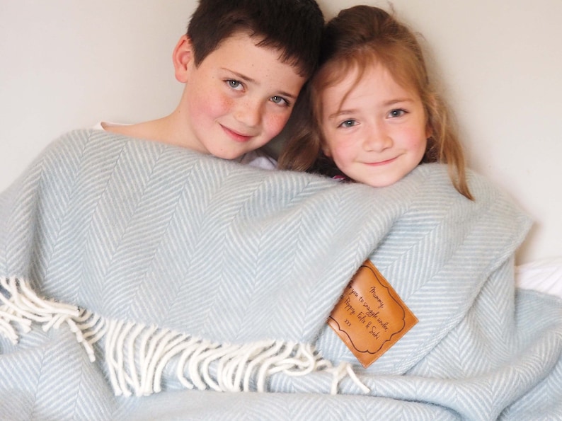 Woollen throw, personalised with a message engraved on leather patch. Perfect anniversary gift, wedding gift, Grandma gift image 2