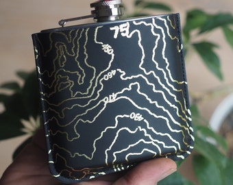 Personalized Contour Map Hip Flask: Black Leather & Gold Foil