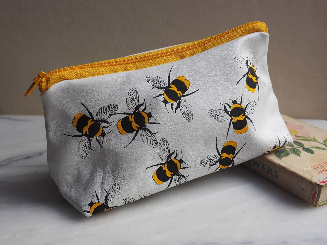 Soft Leather Makeup Bag in White Leather With Bees Print Hand Etsy
