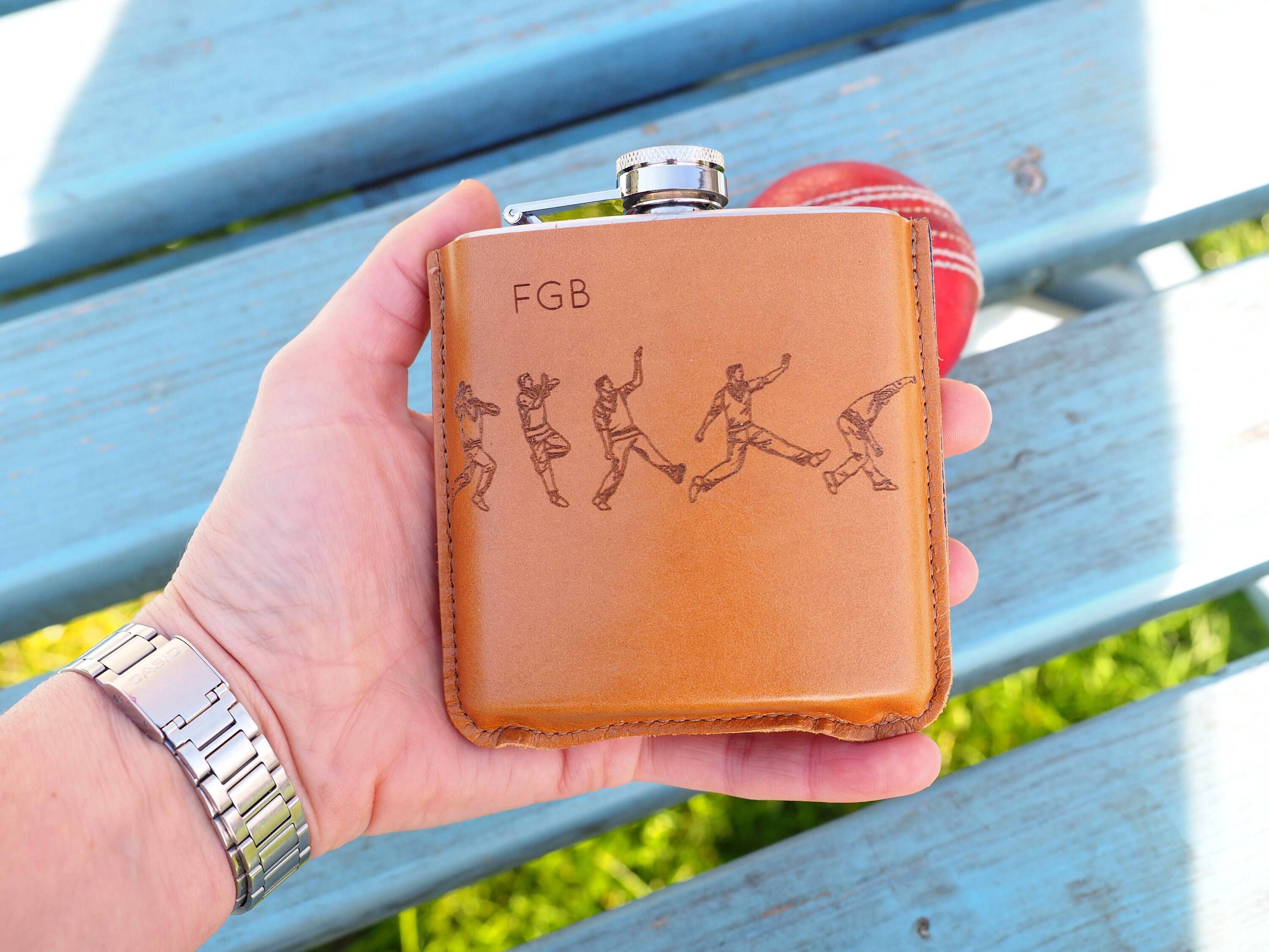 Personalised Cricket Spin Bowling Leather Hip Flask Cricket gift