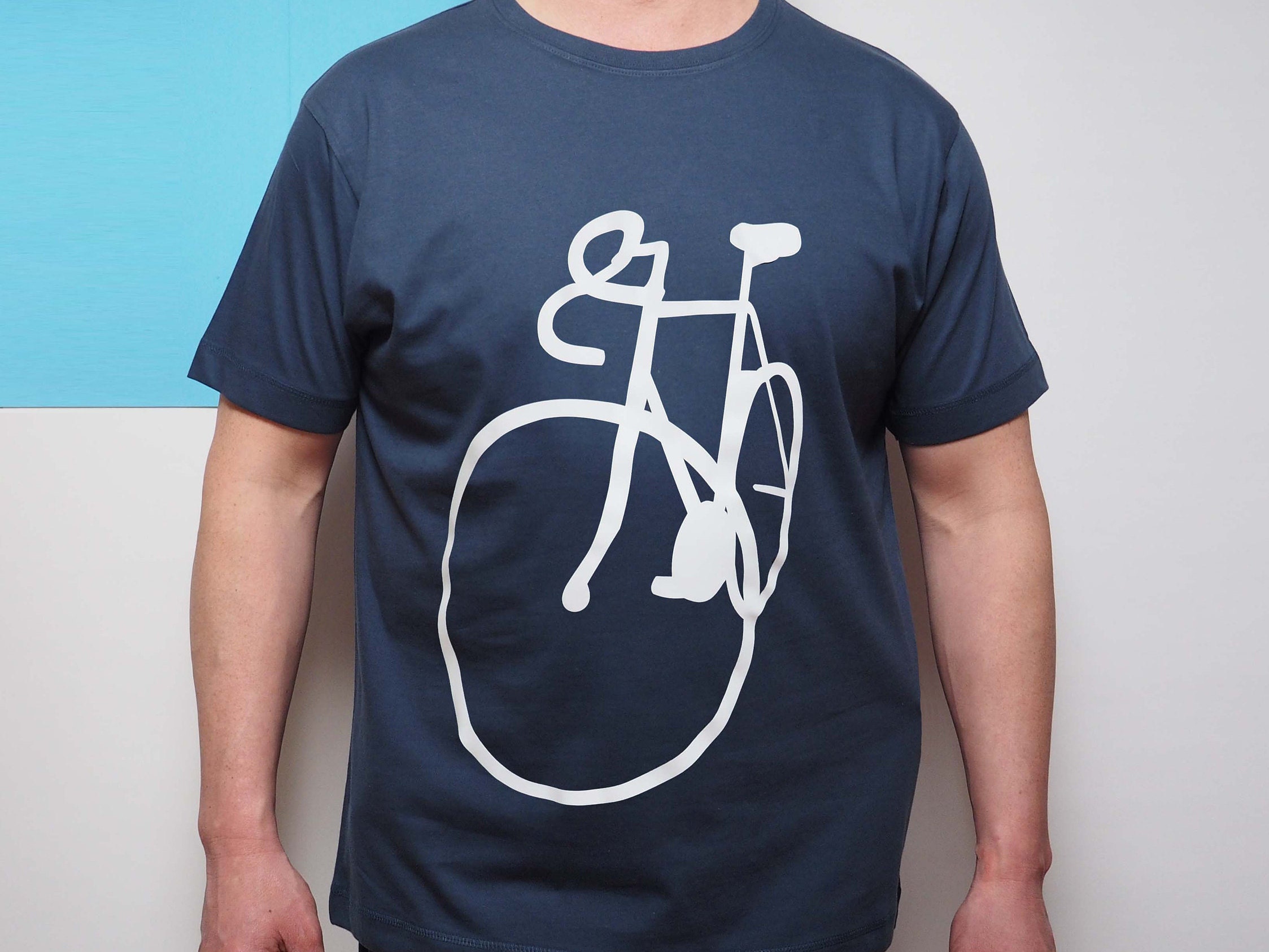 Image of Bicycle Sketch Image T Shirt, White Bike Image On Blue Shirt