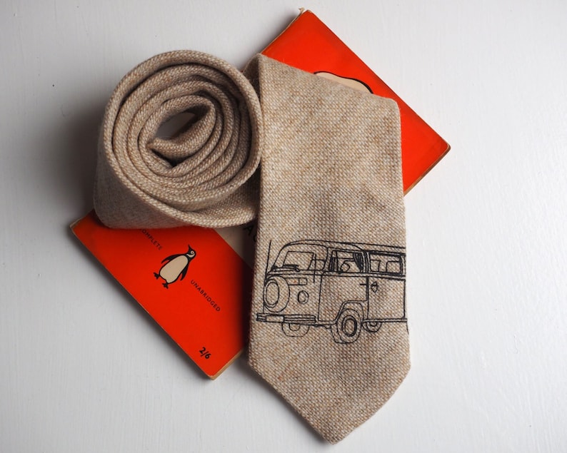 Campervan tie hand printed on sand coloured tweed, campervan gift, t2 campervan, Father's day gift image 1