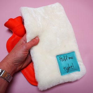 Handmade sheepskin 1 litre hot water bottle cover with your message, gift for her, hygge, christmas hot water bottle gift, cosy mothers day