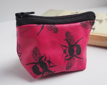 Bees print leather pouch purse, handmade soft fuchsia pink leather, leather coin purse, mom gift, grandma gift,Mothers Day, Mothering Sunday