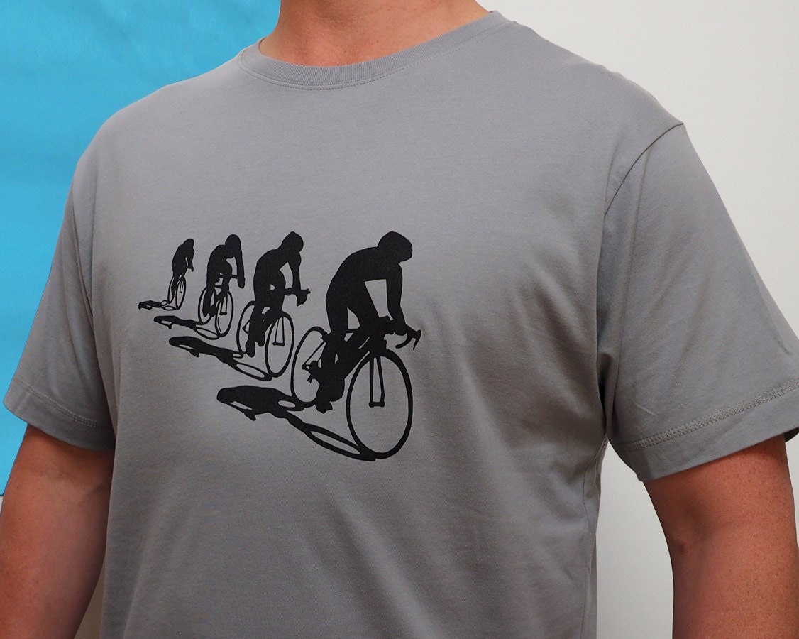 Image of Racing Cyclists Bike Print T Shirt, Black Print On Light Grey, Tour De France Cycling Gift