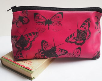 Butterfly print makeup bag, handmade in a soft fuchsia pink leather, leather pouch, leather purse, Mom gift, Mother's Day, Mothering Sunday