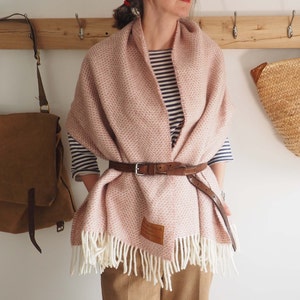 Personalised dusky pink weave pure wool blanket scarf, your message cosy wrap gift, warm scarf, Mothers day scarf