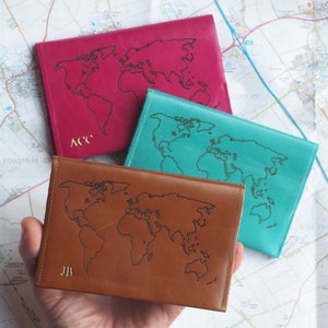 Personalised World Map Leather Passport Holder, Passport cover case, Travel Gift, Gold initials, geography map, Personalised travel gift image 2