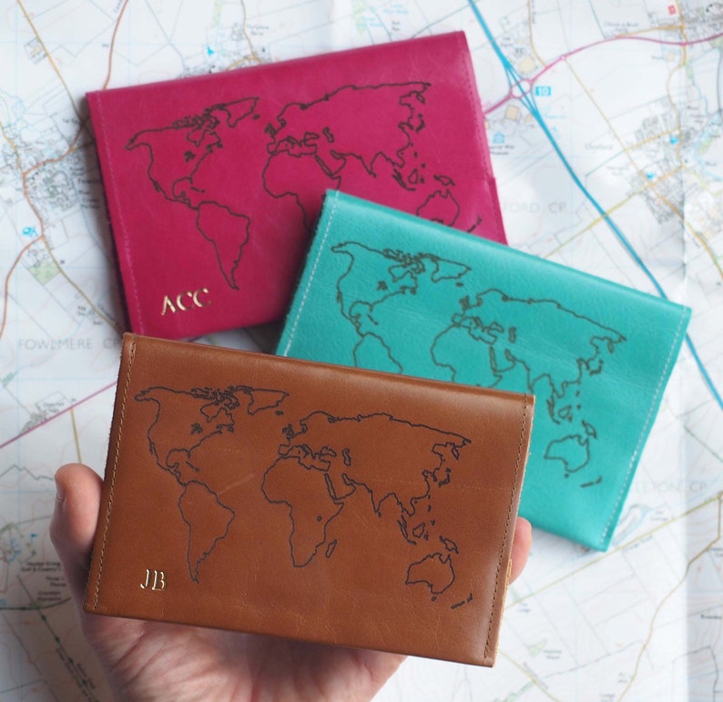 Personalised World Map Leather Passport Holder, Passport cover case, Travel Gift, Gold initials, geography map, Personalised travel gift image 2